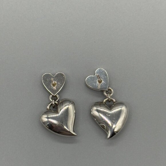 Silver Tone Double Puffy Heart Drop Dangle Pierced Post Earrings 1" - Picture 6 of 8